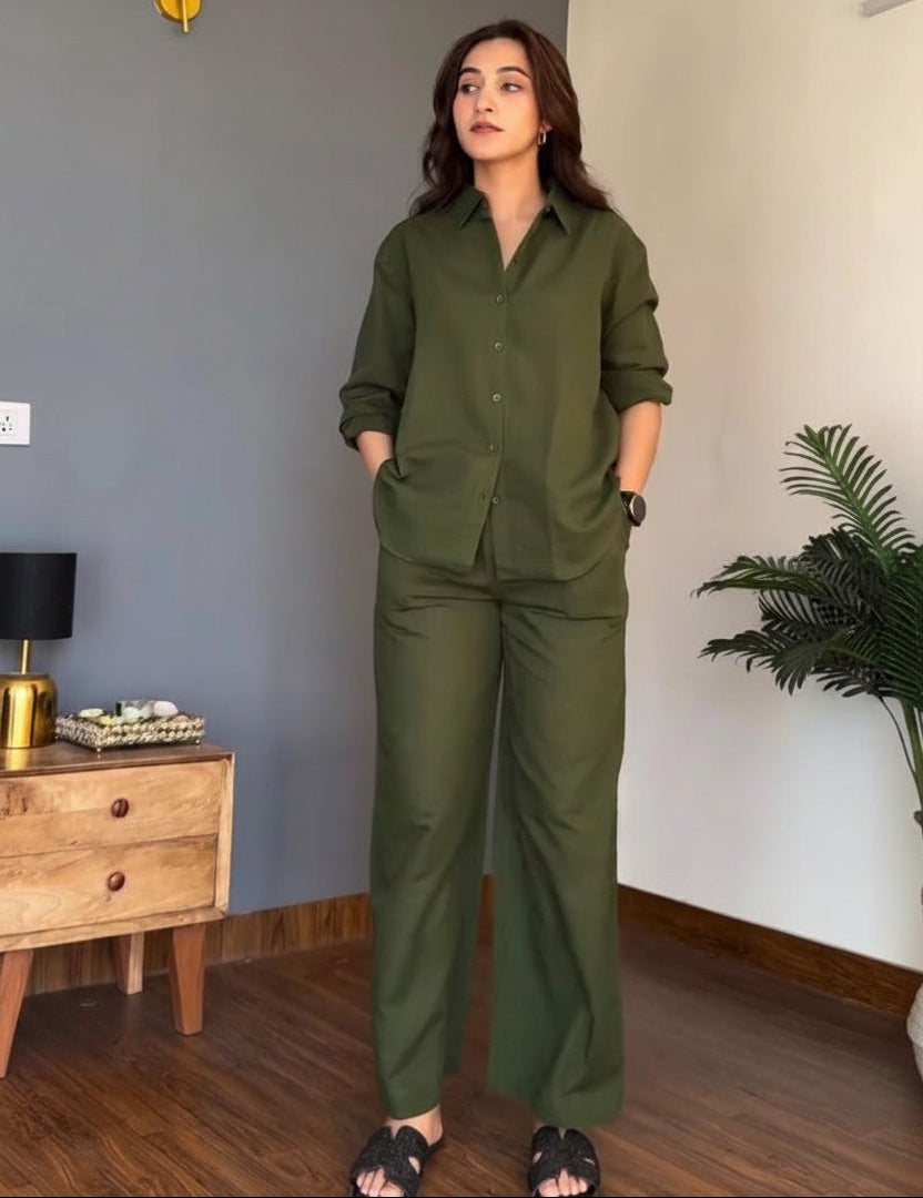 Olive Green Cotton Co-ord Set – Casual & Office Wear with Button-Down Top & Pocketed Pants - front view | Nardev Fashions