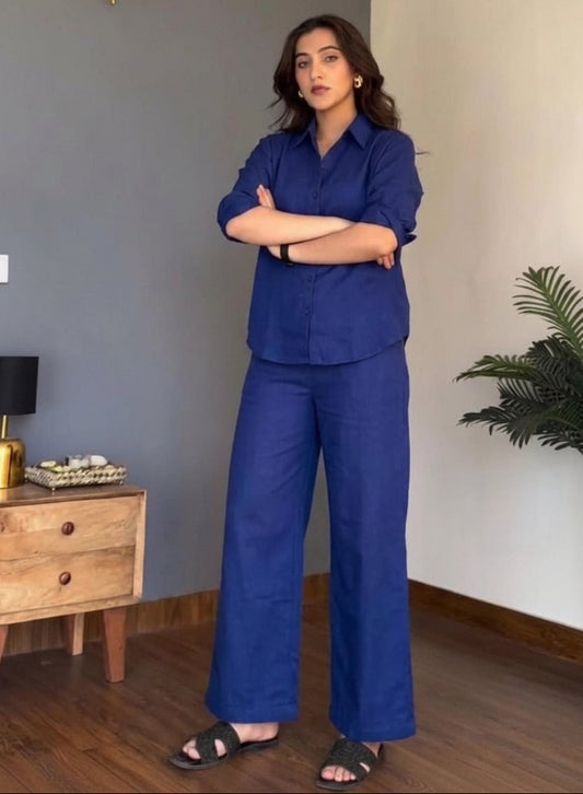 Blue Cotton Co-ord Set – Casual & Office Wear with Button-Down Top & Pocketed Pants - front view | Nardev Fashions