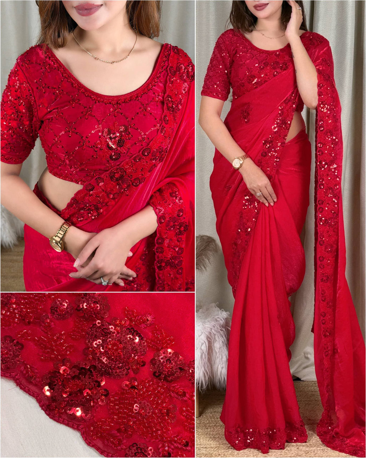 Crimson Red Fandy Satin Saree - studio full length standing model second pose showing complete crimson fandy satin saree draped with all-over diamond lattice cord sequence body, scattered 3D raised red sequence floral butti, scallop cutwork dense sequence border at hem and matching full-coverage embroidered blouse