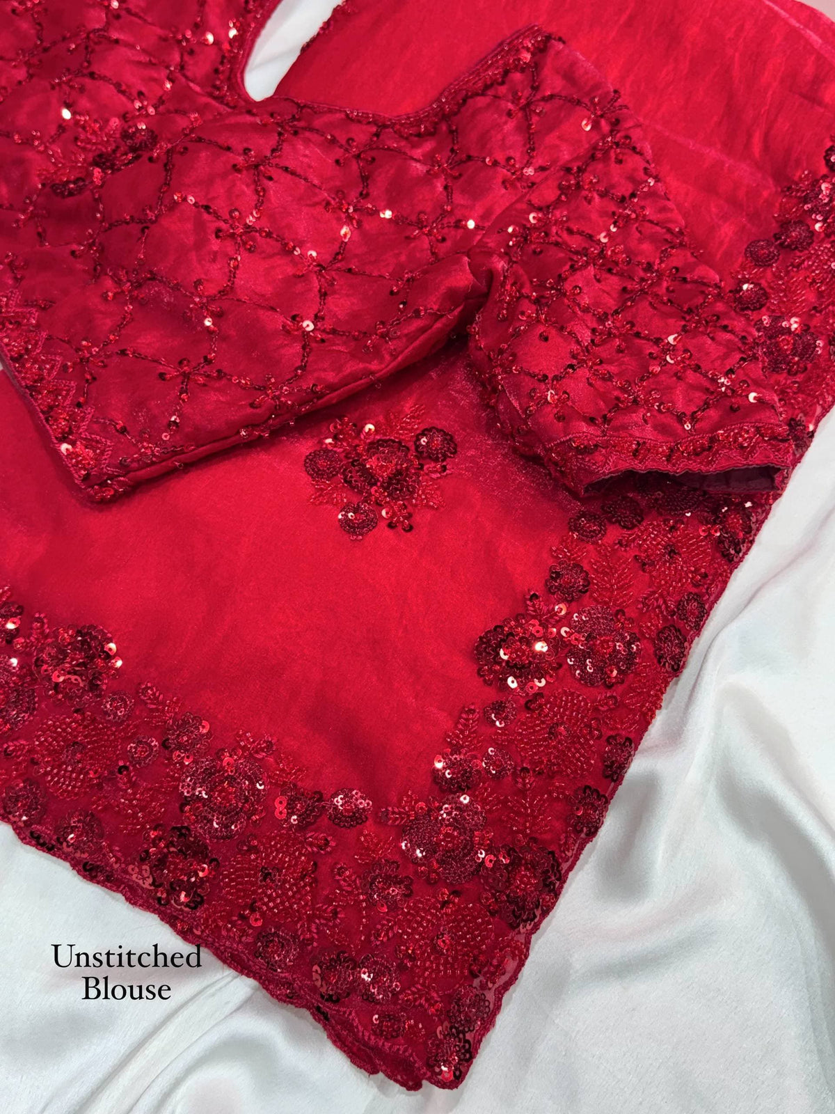 Crimson Red Fandy Satin Saree - close-up flat lay of unstitched blouse piece showing full-coverage tone-on-tone diamond lattice red cord sequence embellishment across entire blouse fabric with scattered 3D raised red sequence floral bouquet cluster butti and scoop neckline shape
