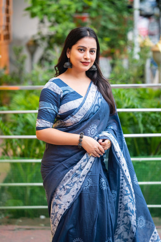 Indigo Blue Bagru Batik Pure Chanderi Cotton Saree with Stripe Blouse - Western Wear - front view | Nardev Fashions