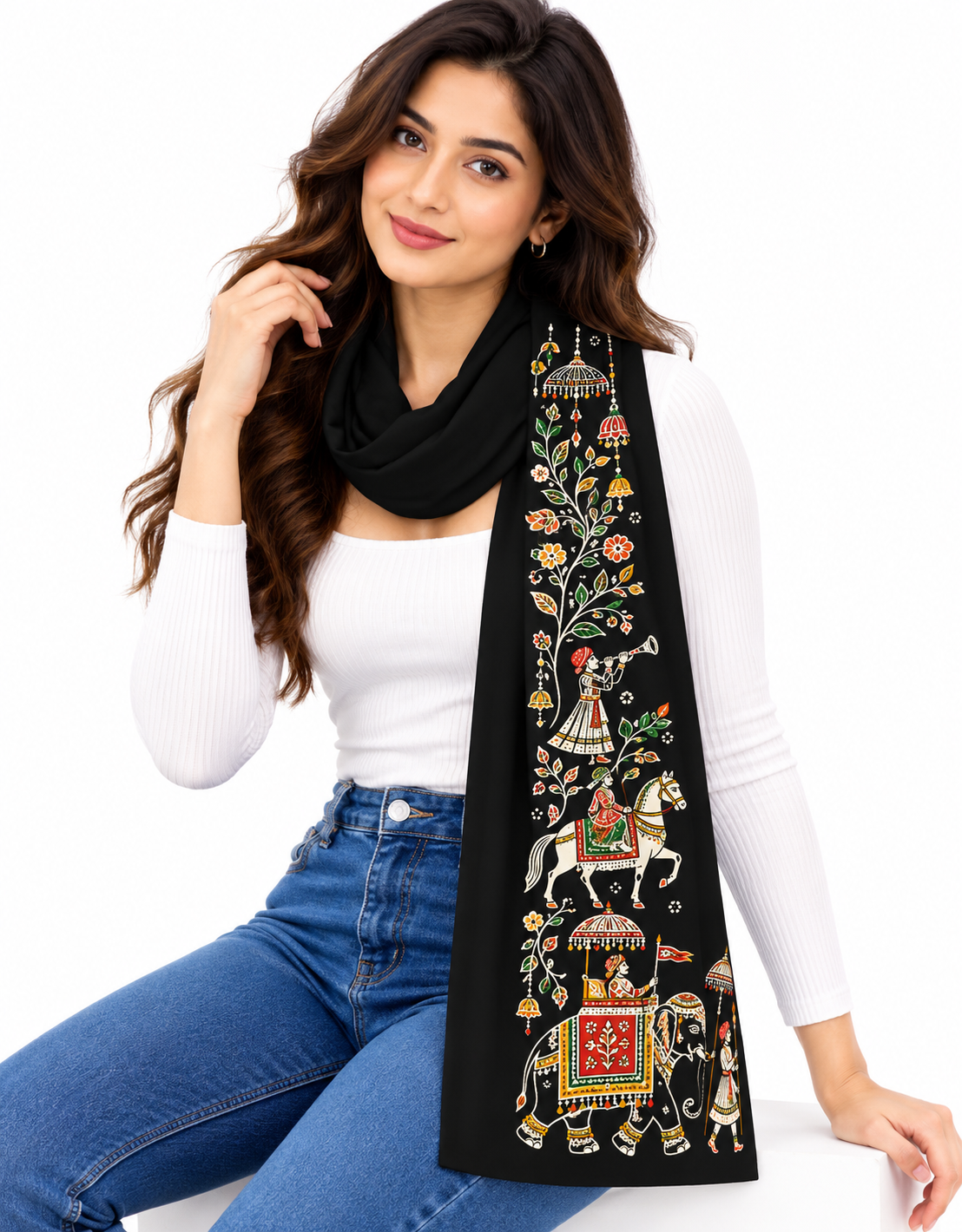 Black Stole with Rajasthani Folk Art Print – Elephant & Royal Procession
