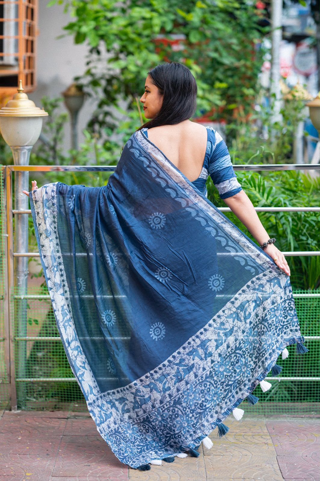 Indigo Blue Bagru Batik Pure Chanderi Cotton Saree with Stripe Blouse - Western Wear - close-up detail view | Nardev Fashions