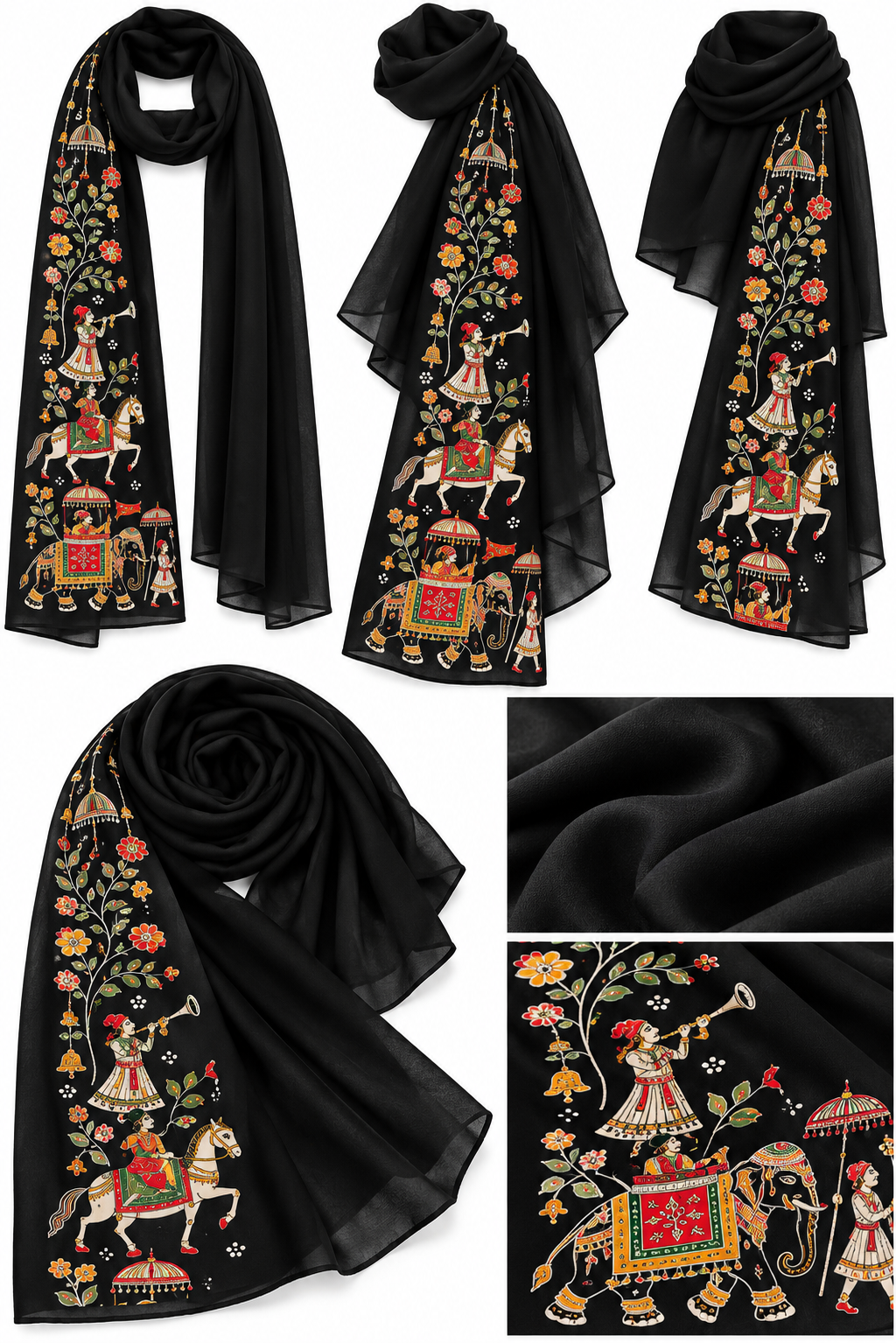 Black Stole with Rajasthani Folk Art Print – Elephant & Royal Procession