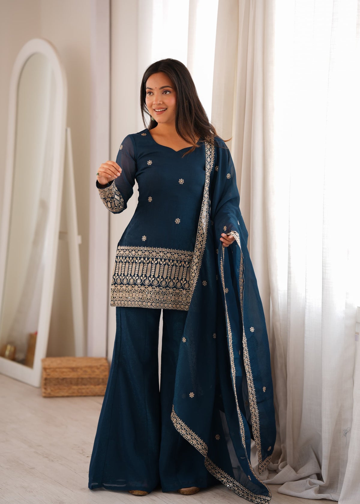 Crunchy Silk Embroidery Sequence & Jari Work Top with Dupatta & Bell Bottom Pant Set - Kurti Set - front view | Nardev Fashions