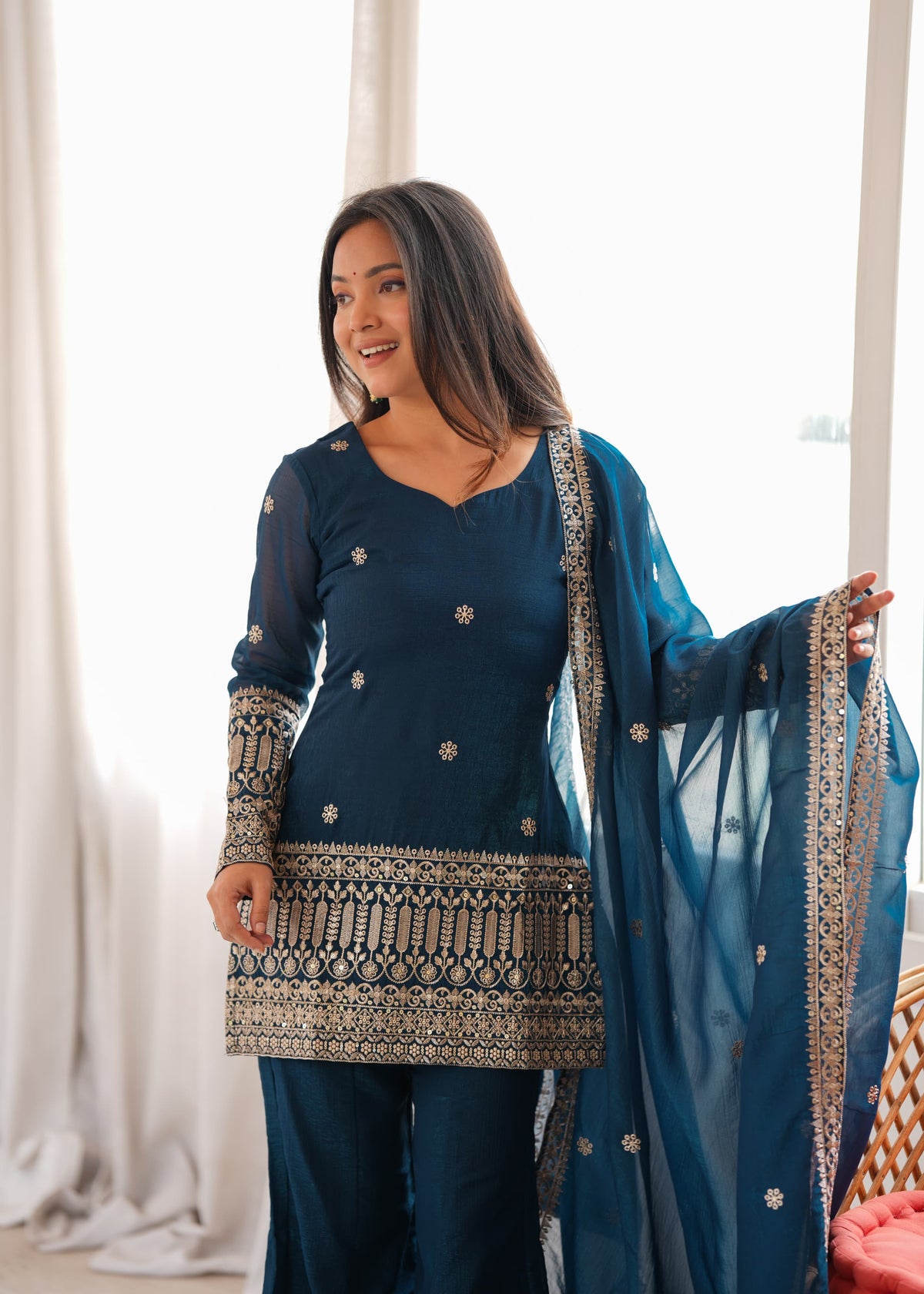 Crunchy Silk Embroidery Sequence & Jari Work Top with Dupatta & Bell Bottom Pant Set - Kurti Set - back view | Nardev Fashions