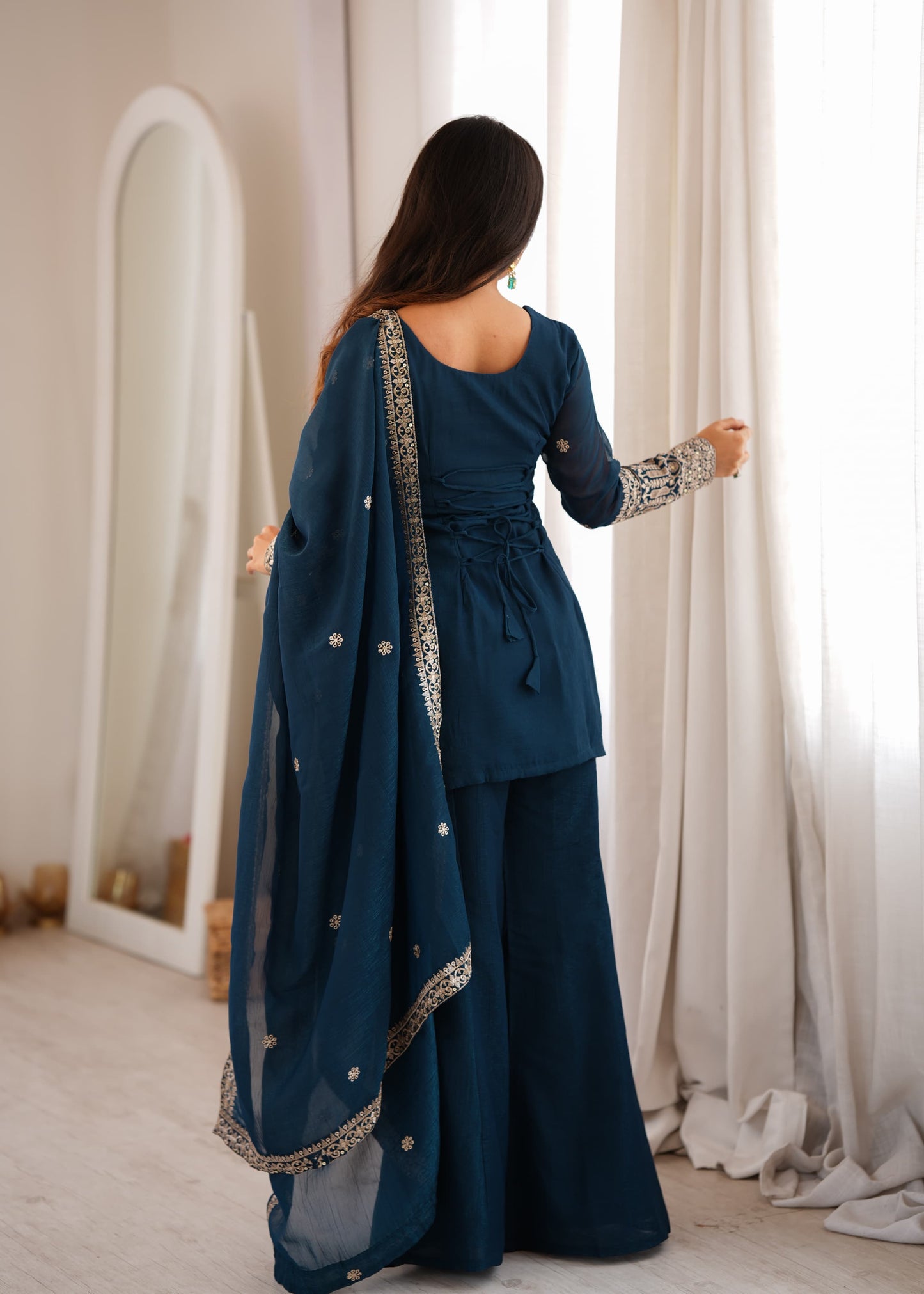 Crunchy Silk Embroidery Sequence & Jari Work Top with Dupatta & Bell Bottom Pant Set - Kurti Set - close-up detail view | Nardev Fashions