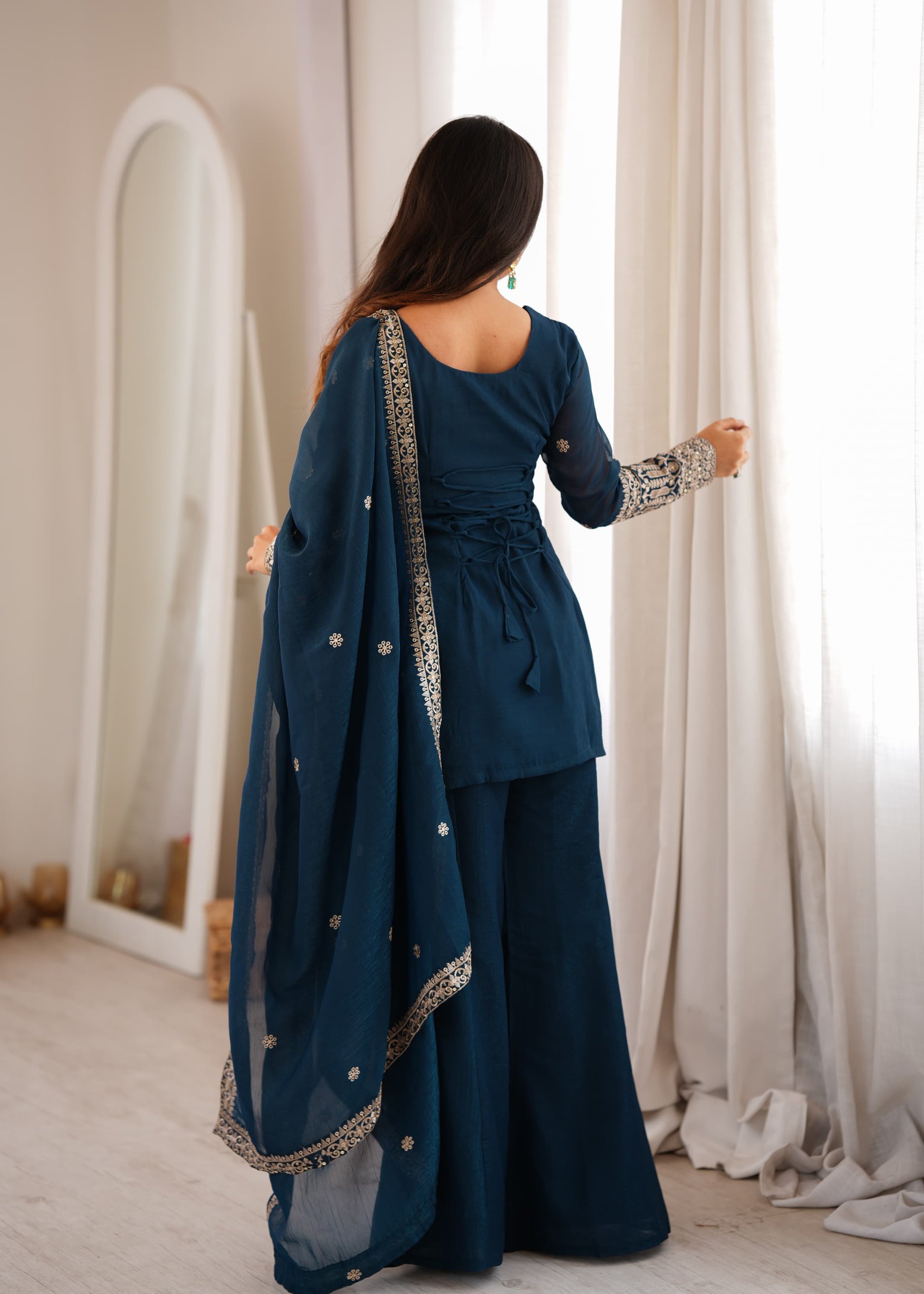 Crunchy Silk Embroidery Sequence & Jari Work Top with Dupatta & Bell Bottom Pant Set - Kurti Set - close-up detail view | Nardev Fashions