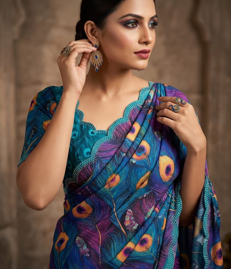 Teal & Purple Morpankh Digital Print Georgette Saree - Western Wear - close-up detail view | Nardev Fashions