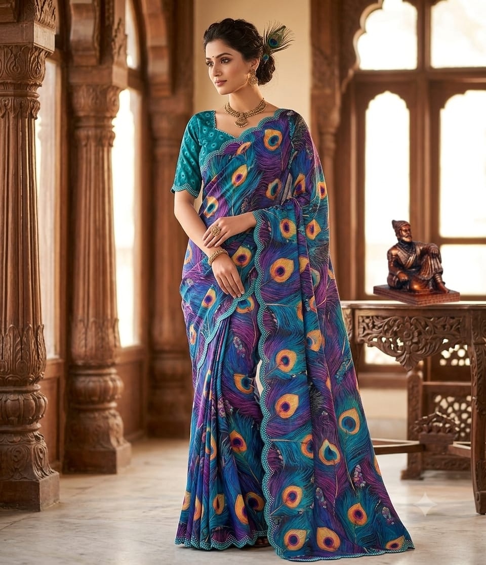 Teal & Purple Morpankh Digital Print Georgette Saree - Western Wear - front view | Nardev Fashions