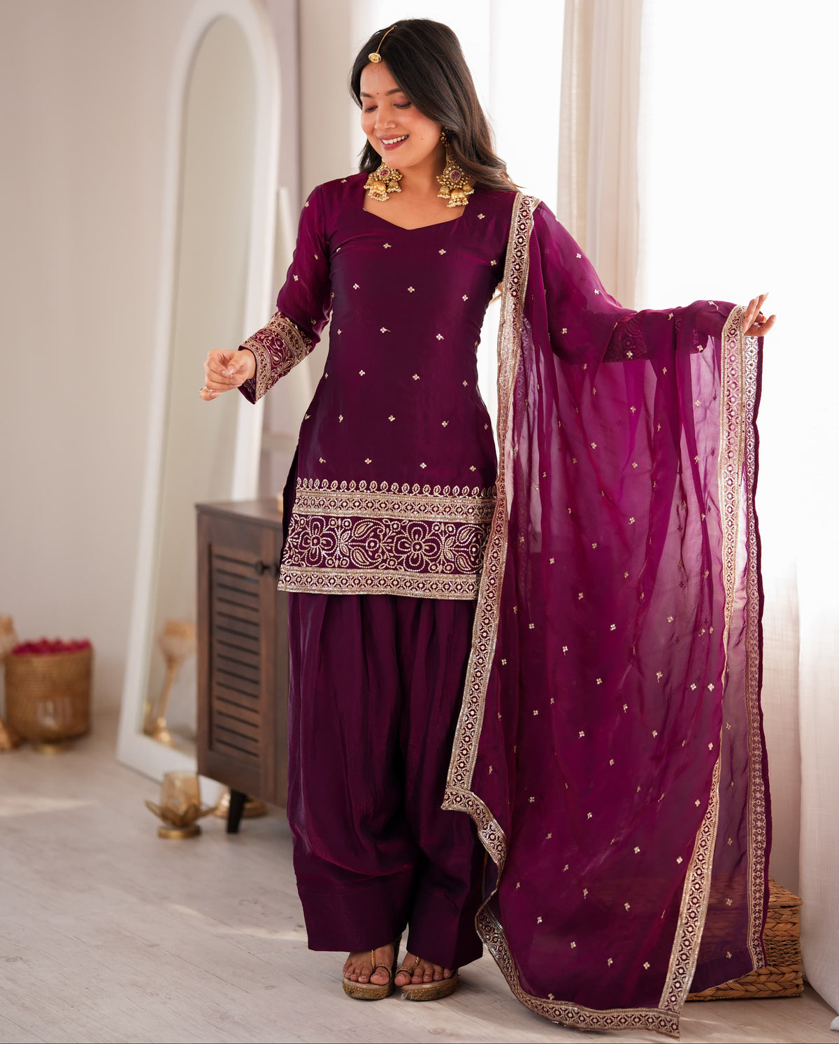 Heavy Fendi Silk Embroidery Sequence & Jari Work Top with Dupatta & Farshi Shalwar Set - Kurti Set - front view | Nardev Fashions