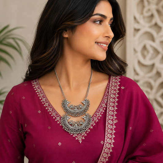 Women's Traditional Silver Plated Peacock Necklace - front view | D9 Creations