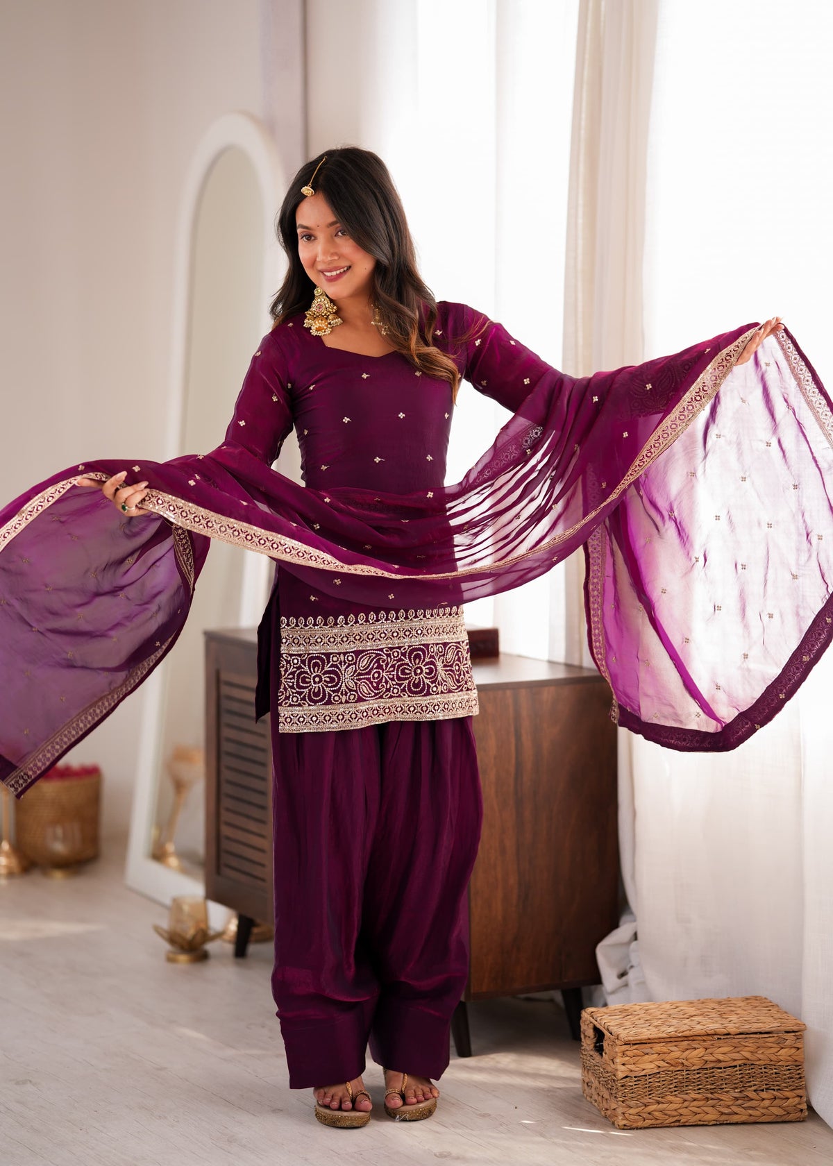 Heavy Fendi Silk Embroidery Sequence & Jari Work Top with Dupatta & Farshi Shalwar Set - Kurti Set - close-up detail view | Nardev Fashions