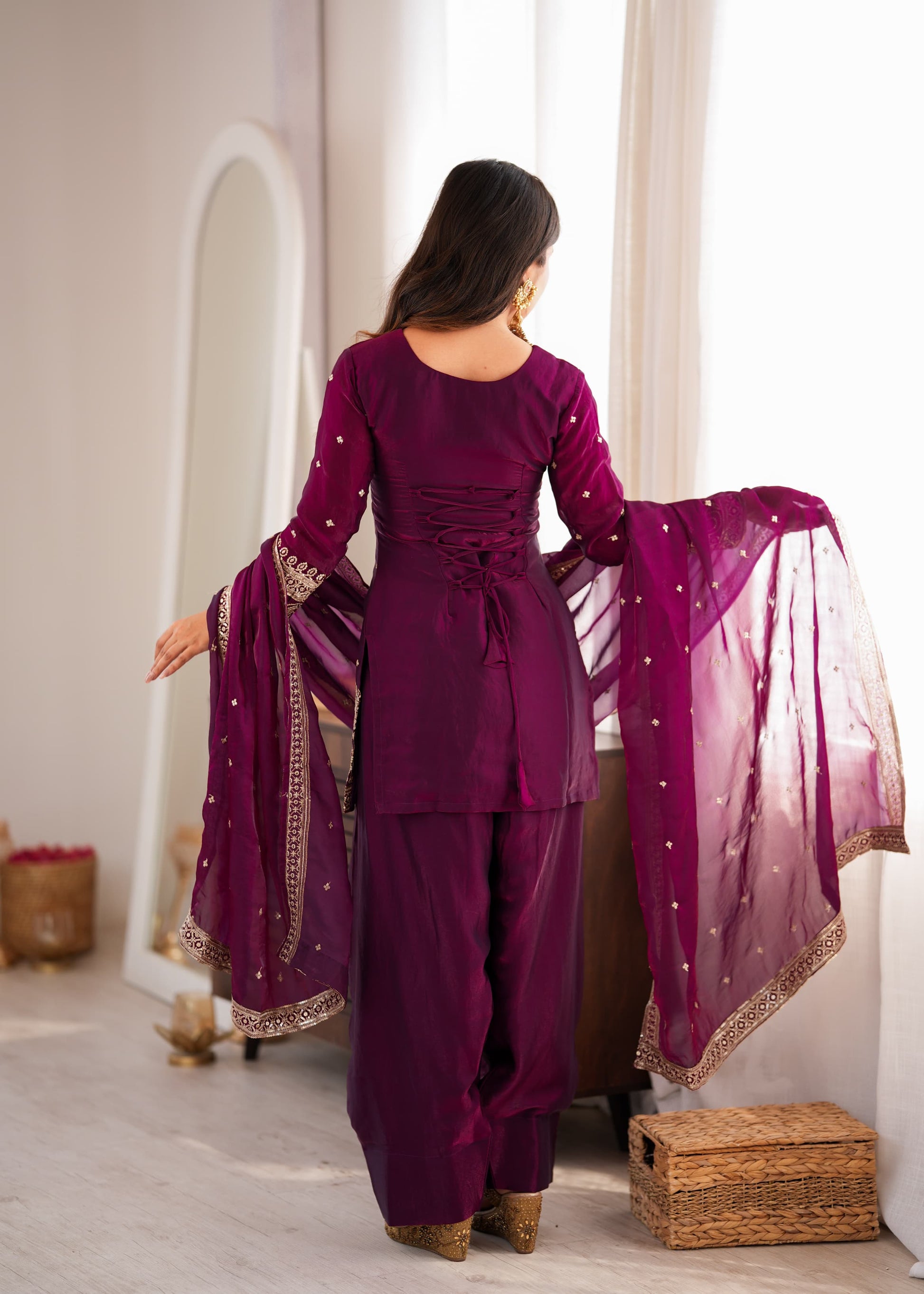 Heavy Fendi Silk Embroidery Sequence & Jari Work Top with Dupatta & Farshi Shalwar Set - Kurti Set - back view | Nardev Fashions