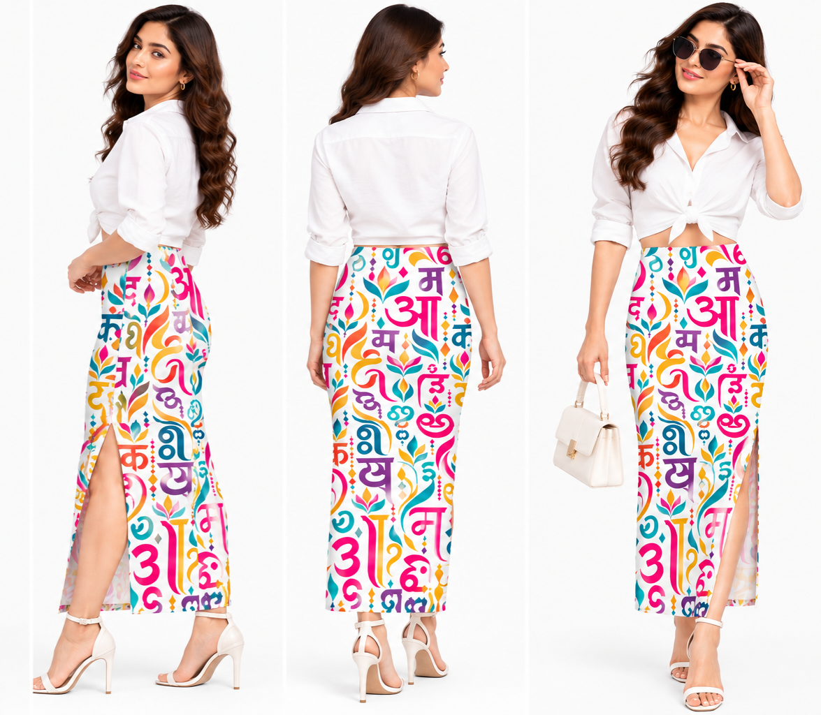 Indian Languages Art Mural Long Pencil Skirt for Women