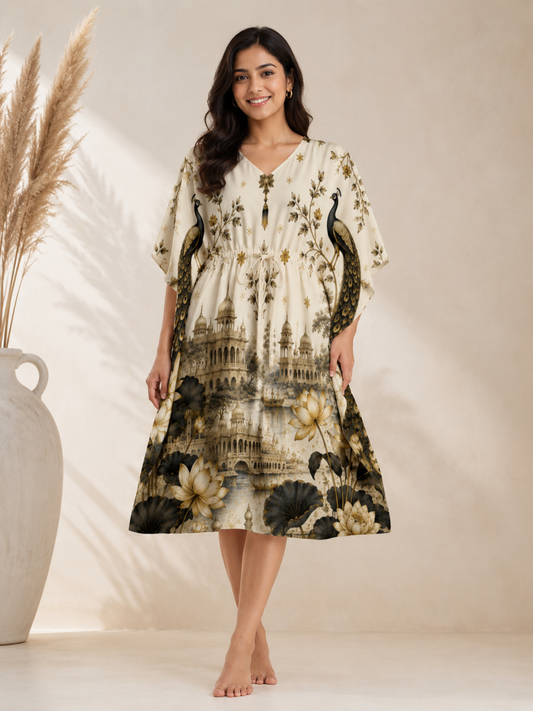 Royal Peacock Lotus Garden Black & White Kaftan - Western Wear - front view | Qikink
