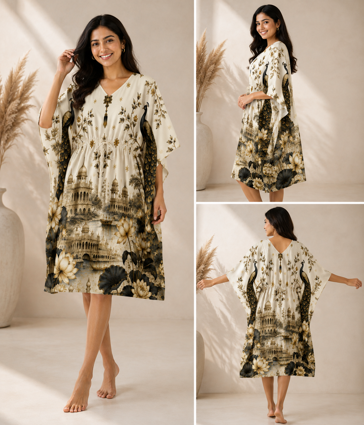 Royal Peacock Lotus Garden Black & White Kaftan - Western Wear - close-up detail view | Qikink