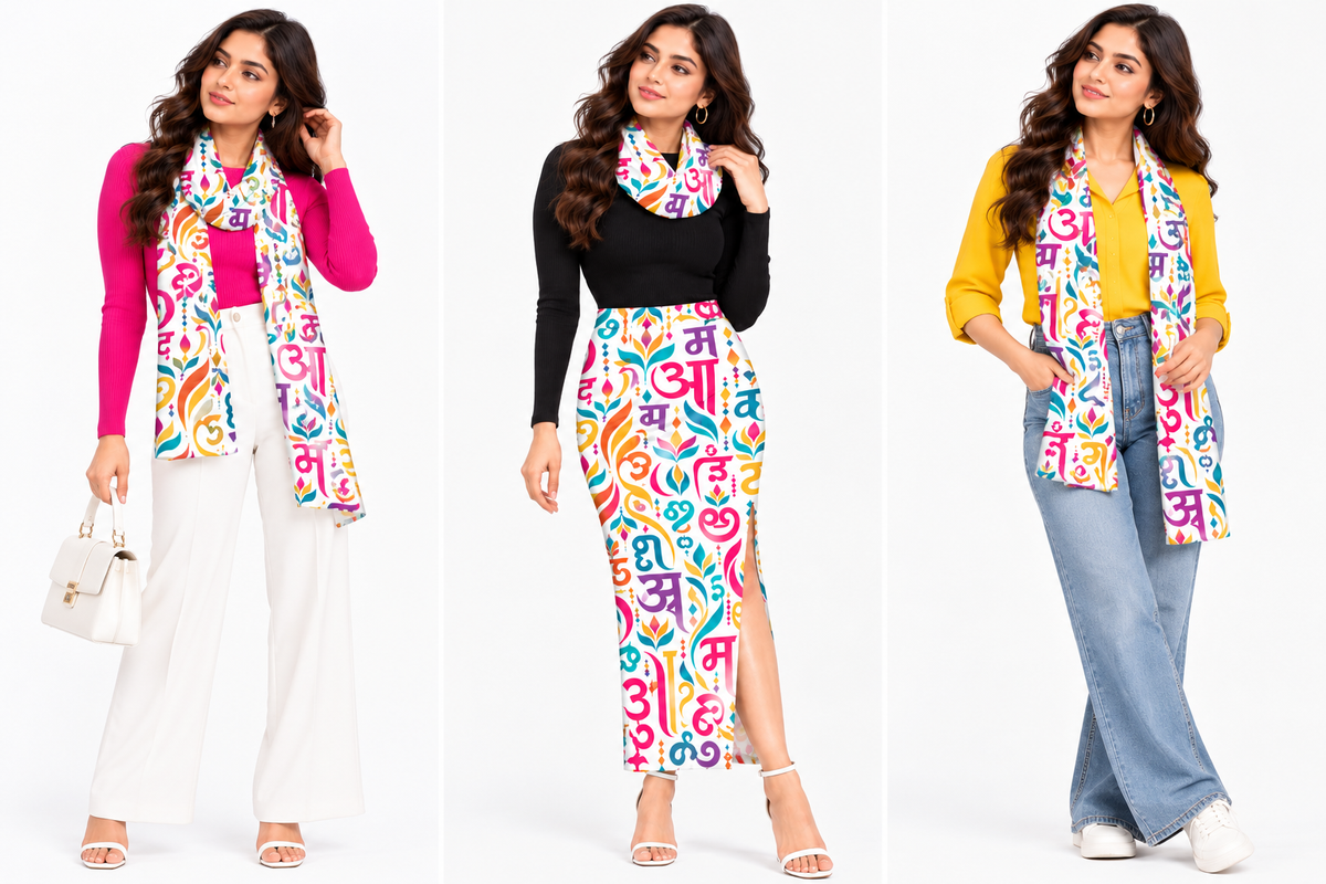 Indian Languages Art Mural Printed Stole for Women – Multicolour Statement Scarf