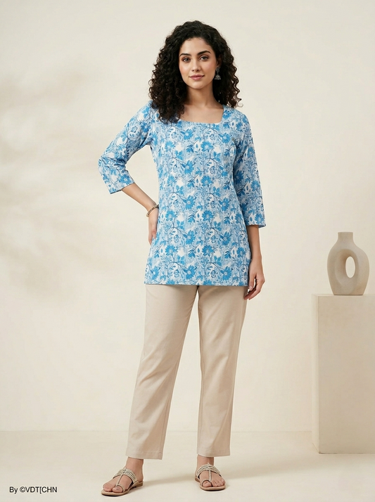 Women’s BLUE Cotton Short Kurti - Indian Ethnic Wear - front view | Villows DTrendz