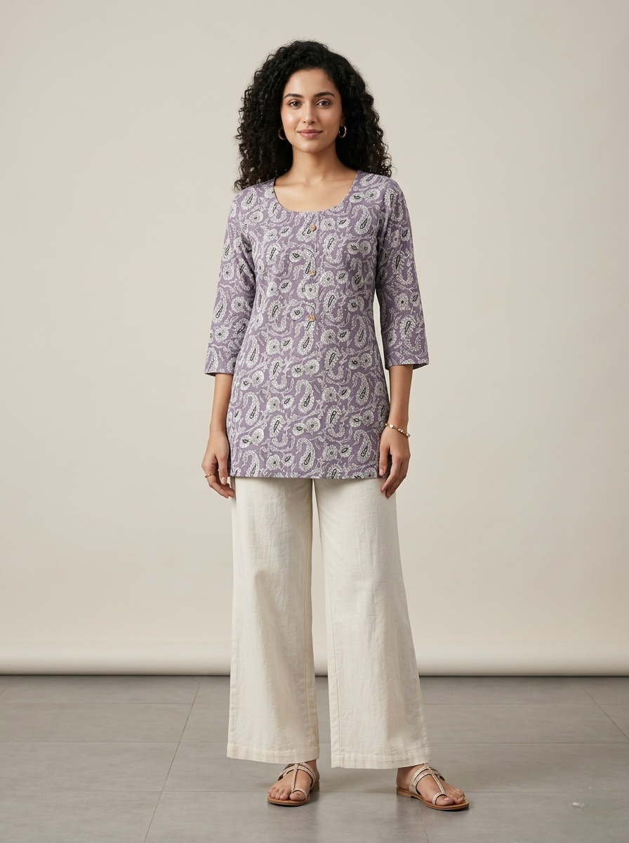 Women’s Lavender Cotton Short Kurti - Indian Ethnic Wear - front view | Villows DTrendz