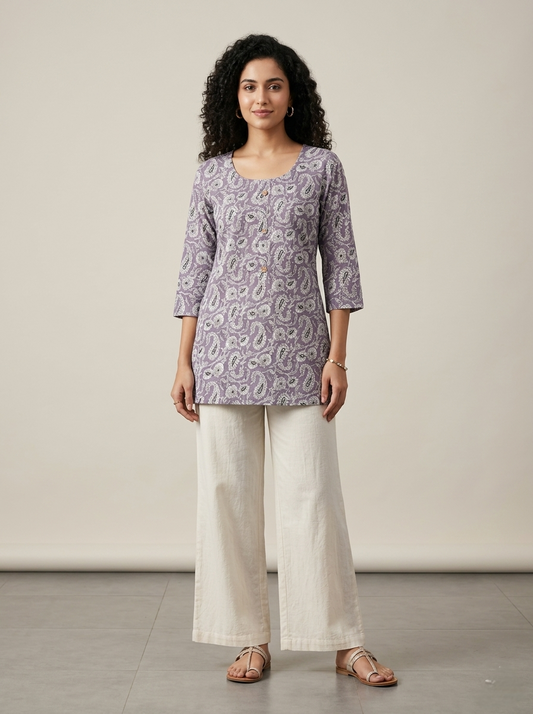 Women’s Lavender Cotton Short Kurti - Indian Ethnic Wear - front view | Villows DTrendz