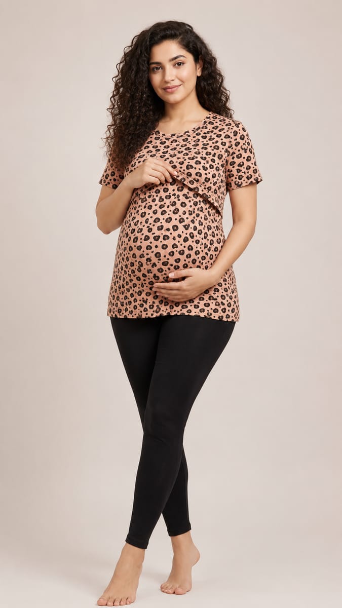 Women’s Stretch Maternity Feeding T-Shirt Nursing T-Shirt for Pregnancy & Breastfeeding Comfortable Casual Wear - Peach - Western Wear - front view |...