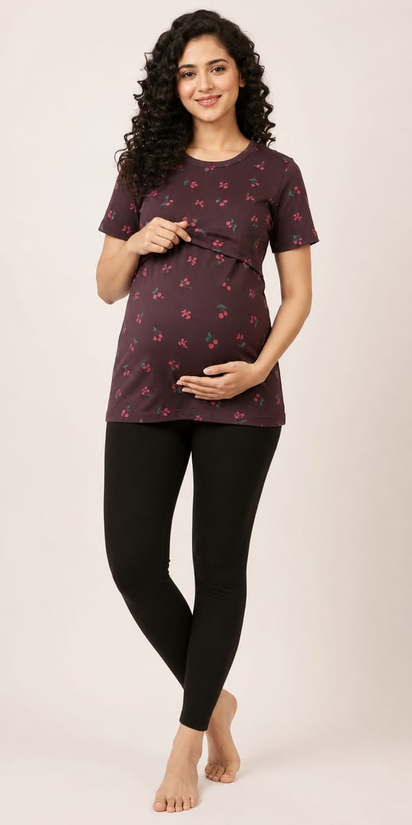 Women’s Stretch Maternity Feeding T-Shirt Nursing T-Shirt for Pregnancy & Breastfeeding Comfortable Casual Wear - Plum - Western Wear - front view |...