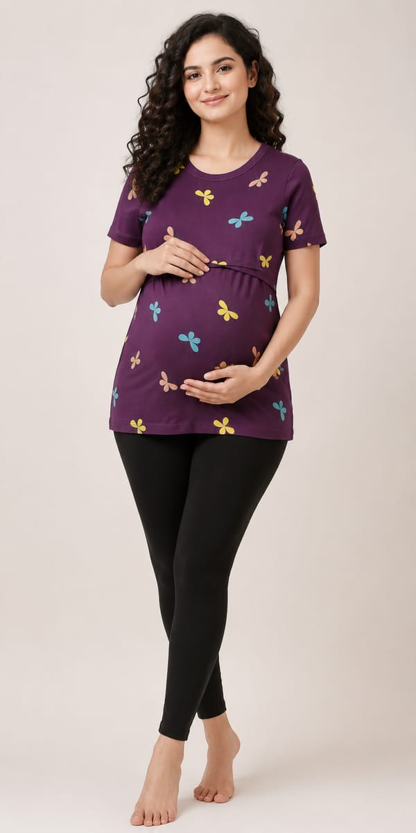 Women’s Stretch Maternity Feeding T-Shirt Nursing T-Shirt for Pregnancy & Breastfeeding Comfortable Casual Wear - Purple - Western Wear - front view |...