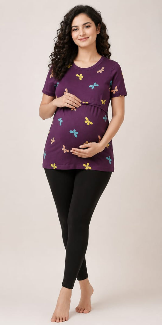 Women’s Stretch Maternity Feeding T-Shirt Nursing T-Shirt for Pregnancy & Breastfeeding Comfortable Casual Wear - Purple - Western Wear - front view |...