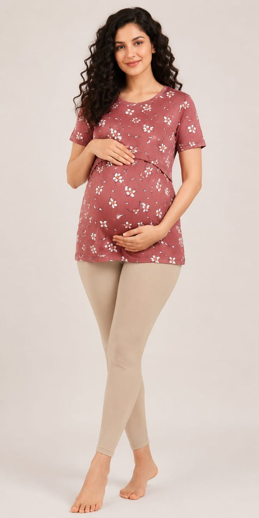 Women’s Stretch Maternity Feeding T-Shirt Nursing T-Shirt for Pregnancy & Breastfeeding Comfortable Casual Wear - Onion Pink - Western Wear - front...