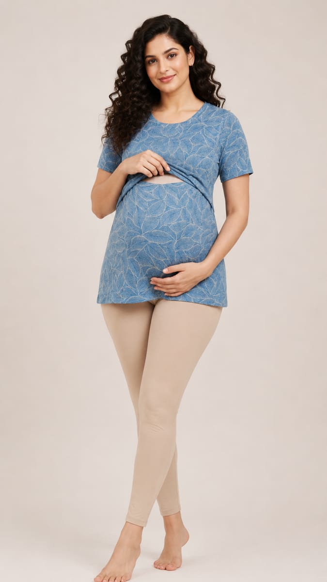 Women’s Stretch Maternity Feeding T-Shirt Nursing T-Shirt for Pregnancy & Breastfeeding Comfortable Casual Wear - Sky Blue - Western Wear - front view...