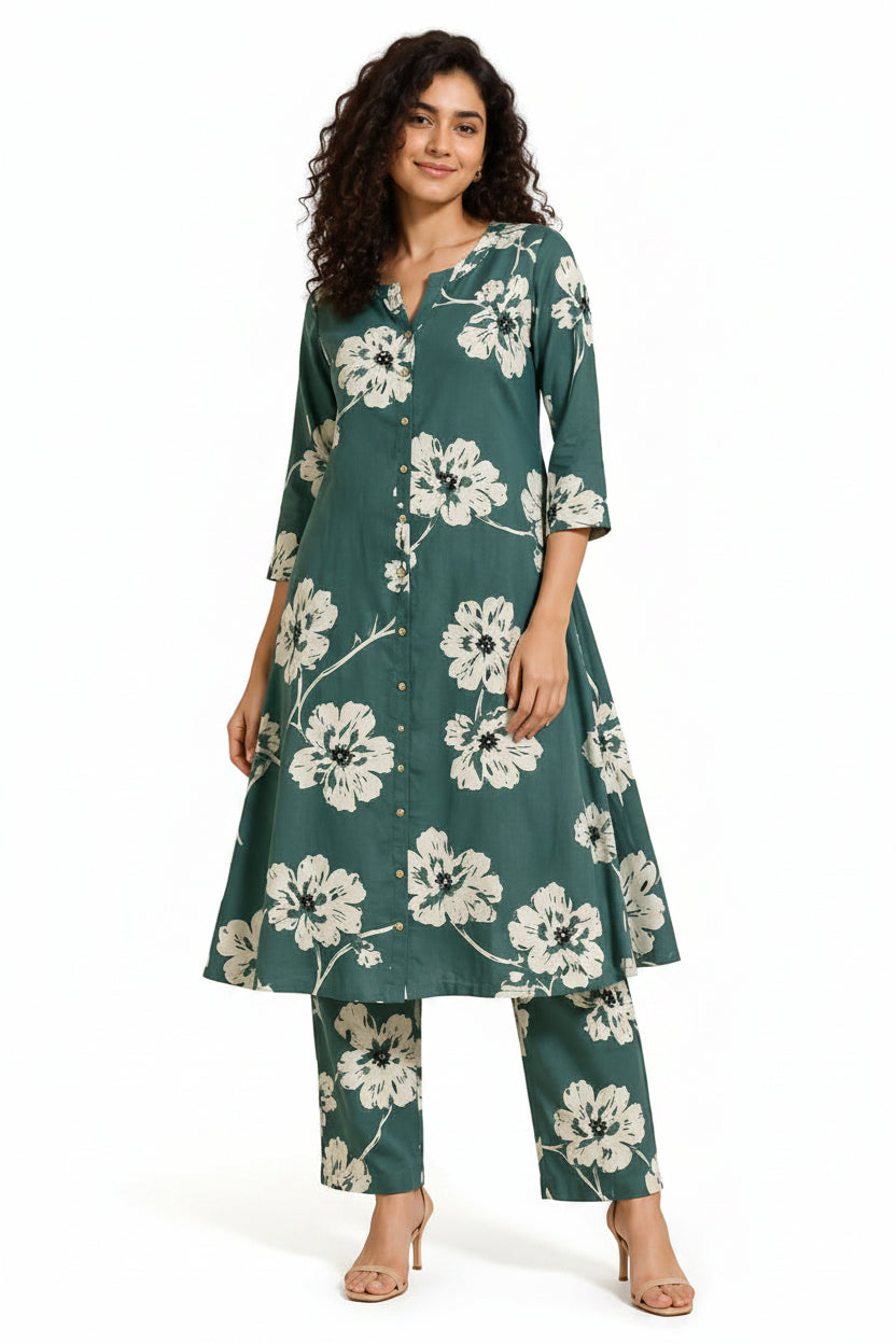 Women’s Cotton Co-Ord Set - Green Indian Ethnic Wear - front view | Villows DTrendz