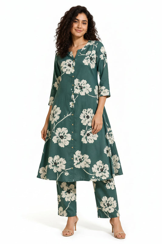 Women’s Cotton Co-Ord Set - Green Indian Ethnic Wear - front view | Villows DTrendz