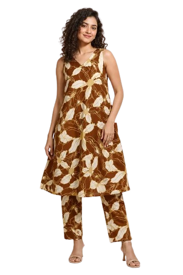 Women’s Cotton Co-Ord Set - Brown Indian Ethnic Wear - front view | Villows DTrendz