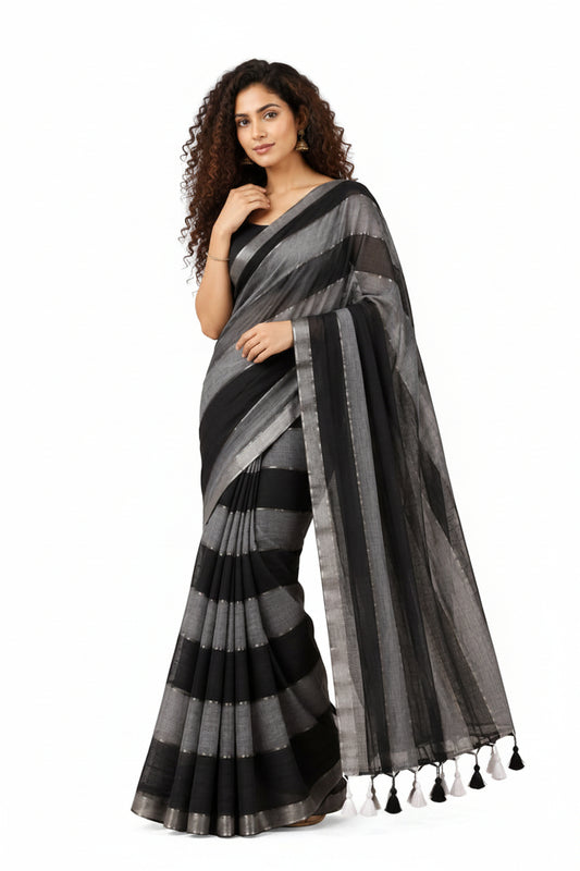 Black Mul Cotton Saree - Indian Ethnic Wear - front view | Villows DTrendz