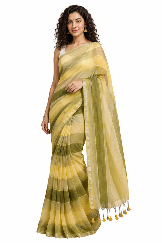 Green & Yellow Mul Cotton Saree - Indian Ethnic Wear - front view | Villows DTrendz