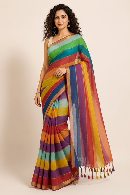 Multi Color Mul Cotton Saree - Indian Ethnic Wear - front view | Villows DTrendz