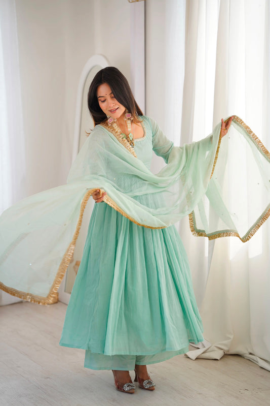 Mint Green Anarkali Gown with Bottom & Dupatta - Western Wear - front view | Nardev Fashions