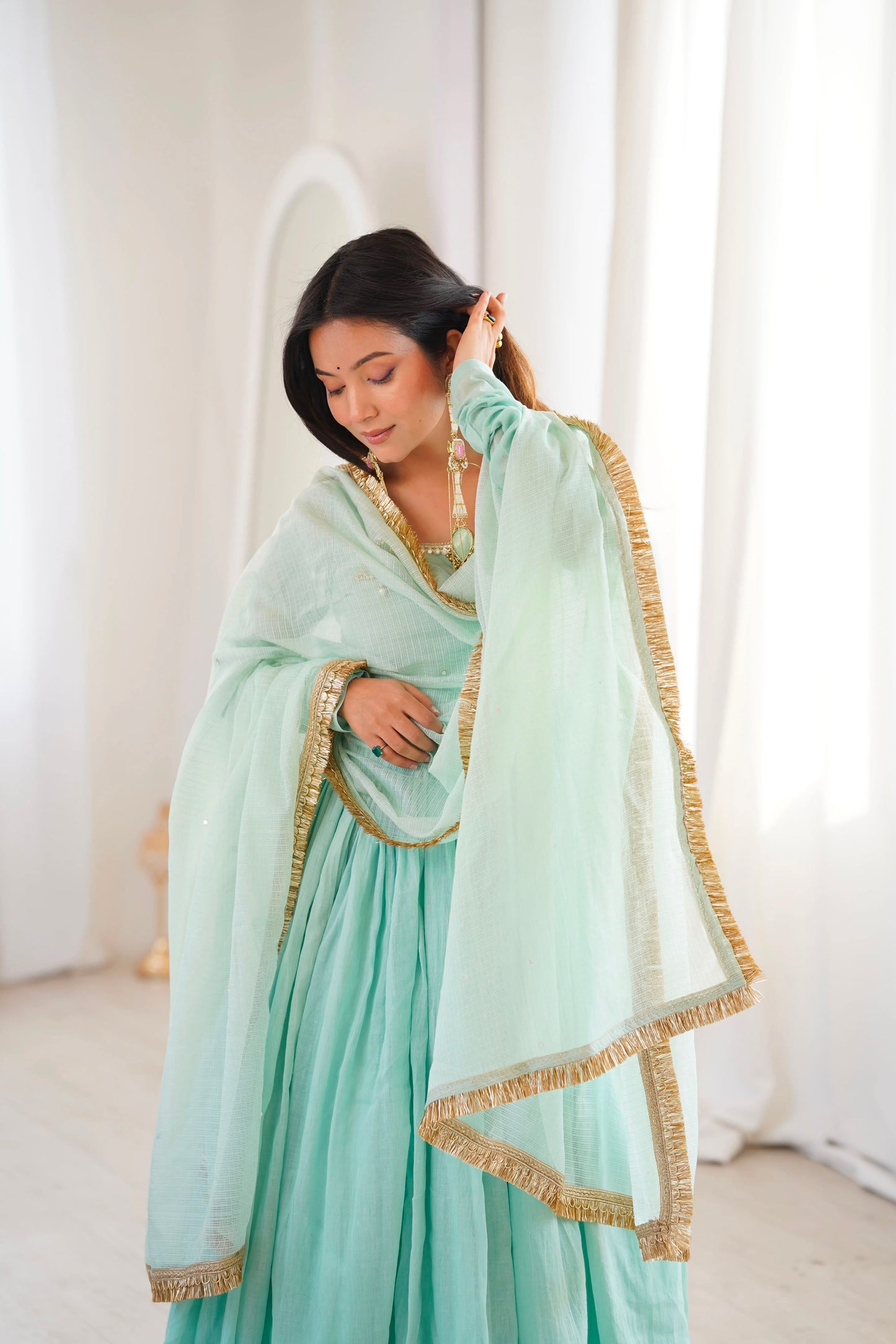 Mint Green Anarkali Gown with Bottom & Dupatta - Western Wear - close-up detail view | Nardev Fashions