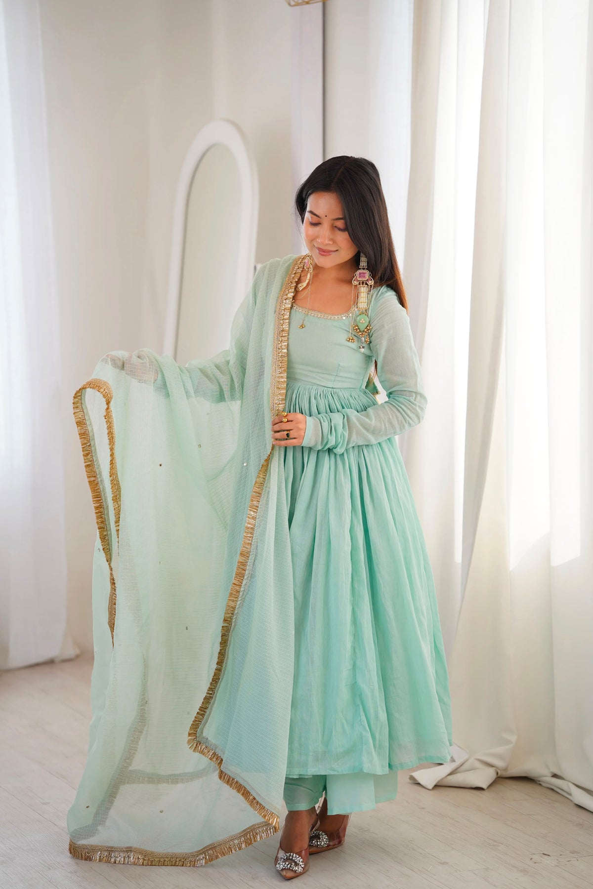 Mint Green Anarkali Gown with Bottom & Dupatta - Western Wear - back view | Nardev Fashions