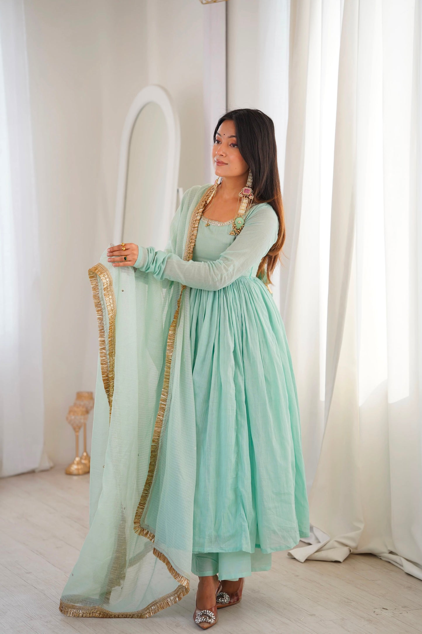 Mint Green Anarkali Gown with Bottom & Dupatta - Western Wear - styled full look | Nardev Fashions
