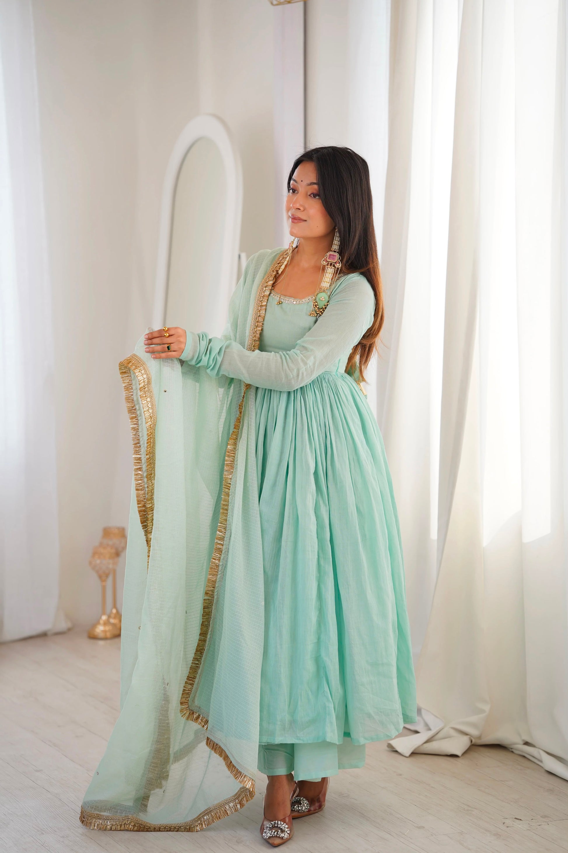 Mint Green Anarkali Gown with Bottom & Dupatta - Western Wear - styled full look | Nardev Fashions