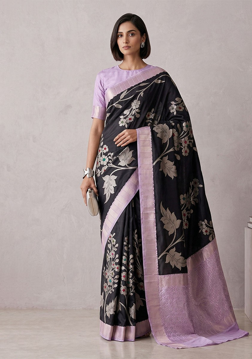 Black & Lavender Zari Floral Designer Banarasi Silk Saree - Sarees - front view | Weave365