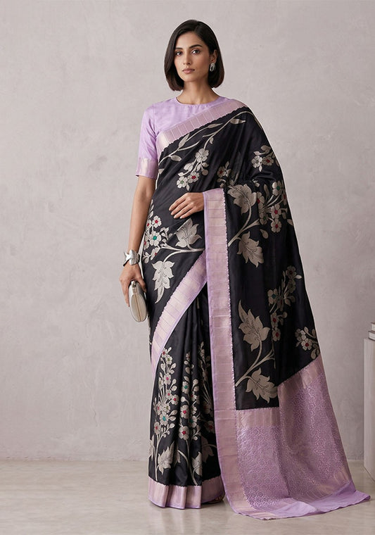 Black & Lavender Zari Floral Designer Banarasi Silk Saree - Sarees - front view | Weave365