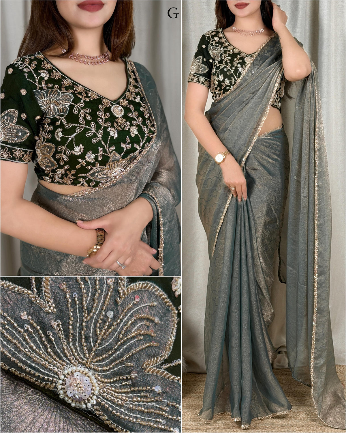 Silver-grey Fandy satin jacquard saree with zari weaving and beads lace border, styled with a deep green floral beaded applique blouse with V neckline and short sleeves.