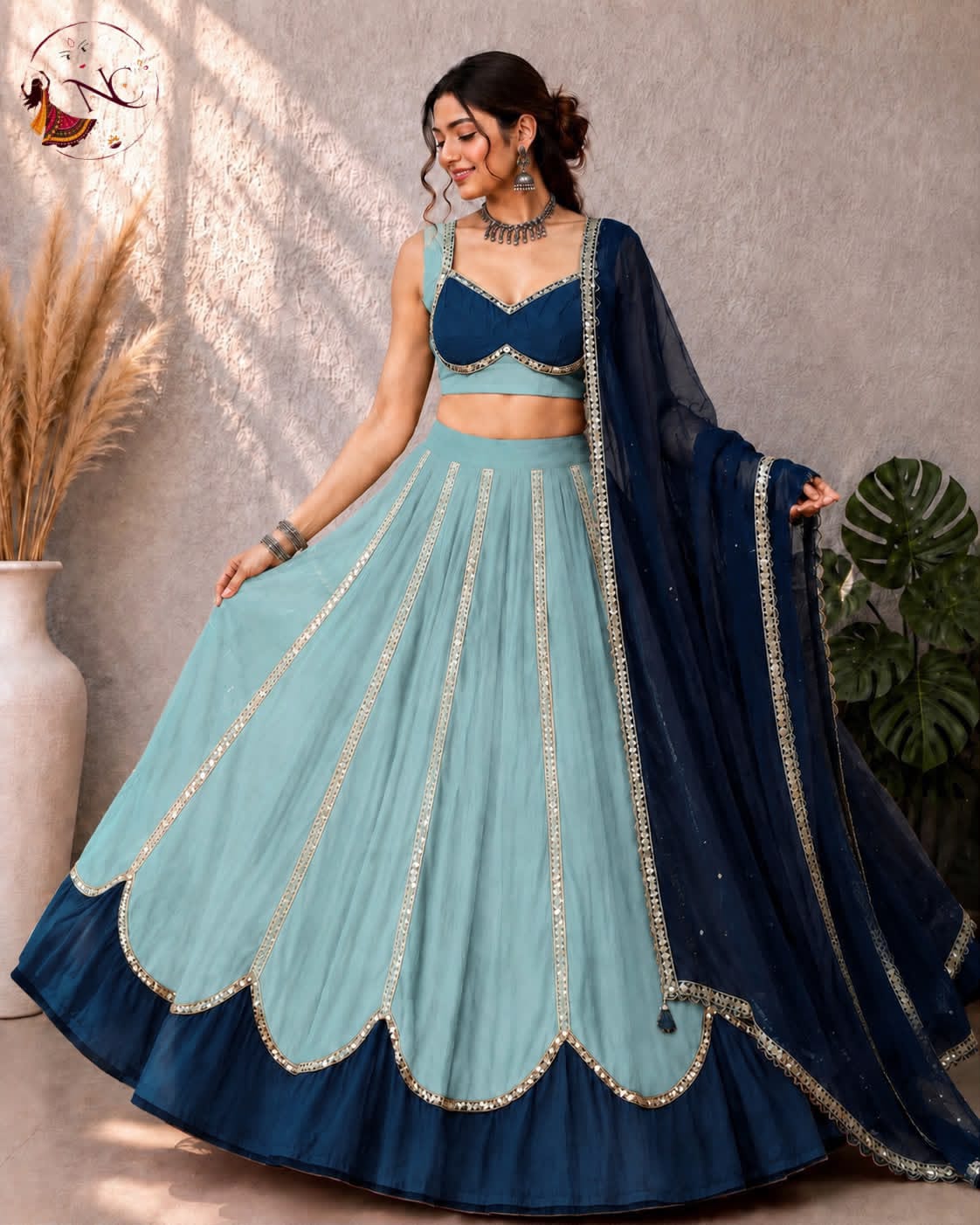 Sky Blue & Navy Sequin Lehenga Choli Set - Western Wear - front view | Nardev Fashions