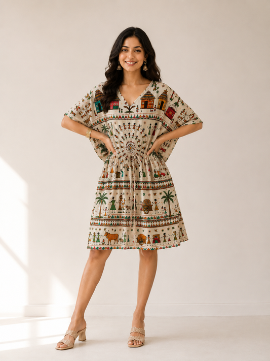 Warli Art Kaftan Midi Dress for Women - Western Wear - close-up detail view | Qikink