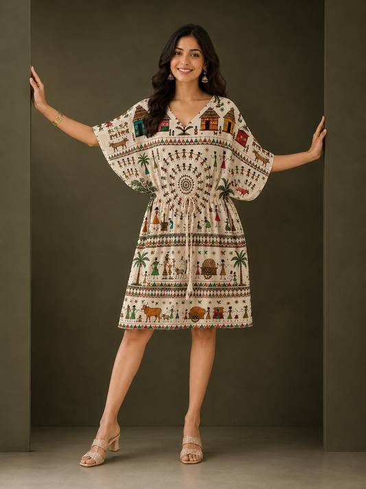 Warli Art Kaftan Midi Dress for Women - Western Wear - front view | Qikink