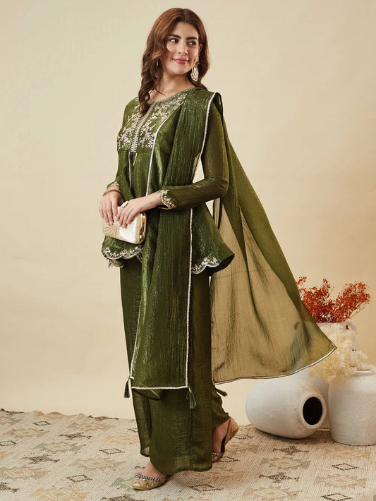 Olive Green Crunchy Silk Kurta Palazzo Set - studio full length front standing model view showing complete set with A-line empire waist kurta, white thread floral yoke embroidery with gold bead neckline trim, scalloped gold sequence lace hem, wide-leg palazzo and matching dupatta with pearl lace border