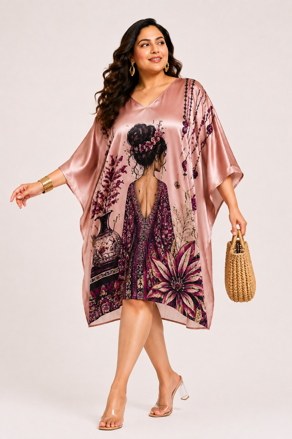 Rose Pink Bohemian Art Kaftan Dress for Women – Plus Size - Western Wear - fabric and print close-up | Qikink